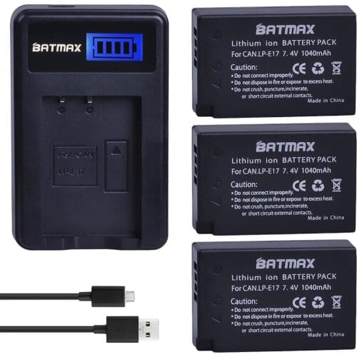 3Pcs 1040mAh LP-E17 LPE17 LP E17 Camera Battery + LCD USB Charger for Canon EOS M3 M5 M6 Rebel T6i T6s T7i 750D 760D 8000D 77D