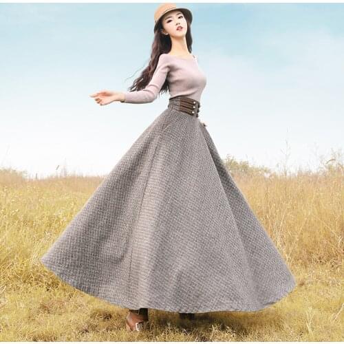 Free Shipping 2021 Boshow New Winter Vintage Woolen Long Maxi High waist Bandage A-line Plaid Big Hem Skirts With Pockets S-L