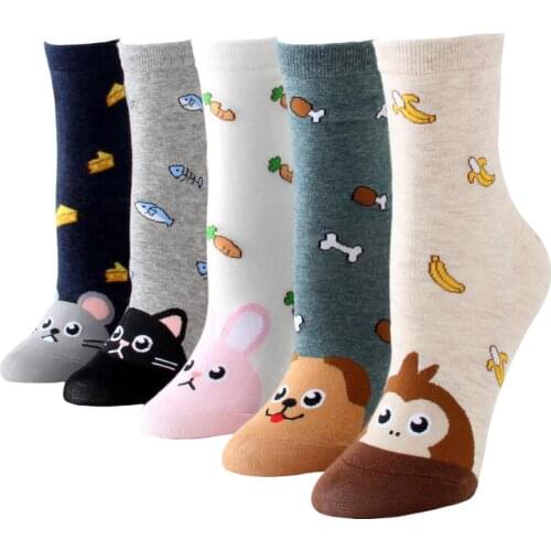 Recommend!!women cartoon socks 5pairs/lot rabbit monkey dog cat sock ladies and womans cute cotton socks for wedding party gift
