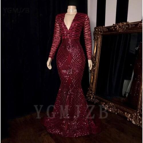Sparkly Sequin Red Prom Dresses 2020 Mermaid V-Neck Long Sleeve Saudi Arabic Women Black Girl Formal Party Evening Gowns