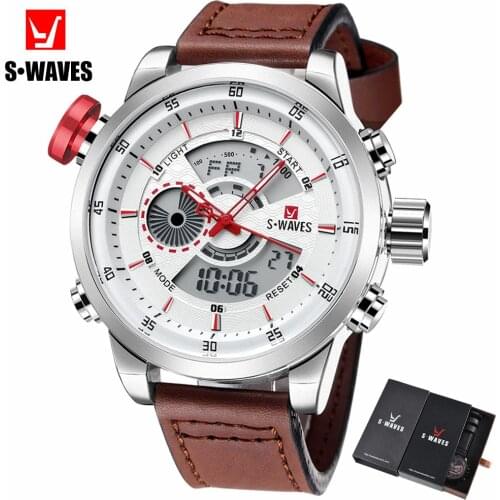Digital Analog Watch Men Waterproof SWAVES Famous Brand Fashion Leather Band Wristwatch Mens With Box Military Relojes Hombre