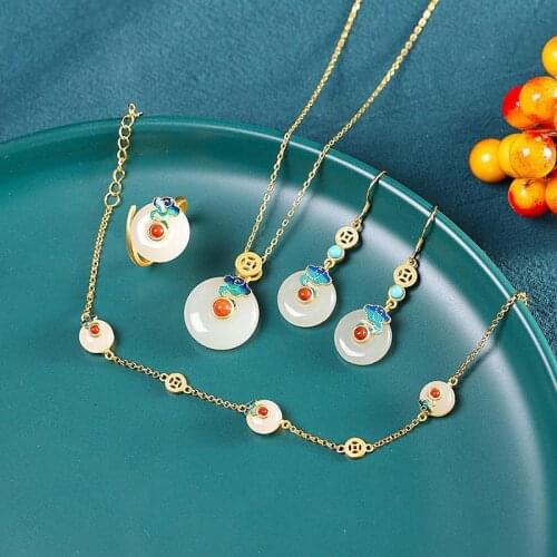 Designer original natural Hetian white jade jewelry set Chinese unique ancient gold craftsmanship anniversary gift