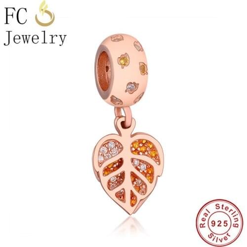 FC Jewelry Fit Original Brand Charms Bracelet 100% 925 Silver Rose Gold Leaf Yellow Zirconia Pendant Bead For Making Berloque