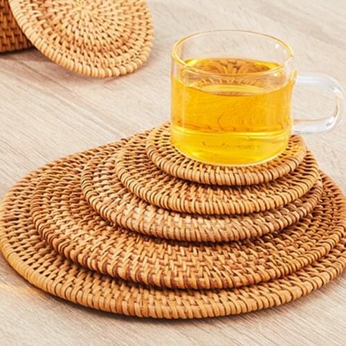 Round Natural Rattan Coasters Bowl Pad Handmade Insulation Placemats Table Padding Kitchen Decoration Accessories Mat Cup Mats