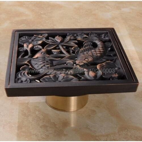 Oil Rubbed Bronze Fish Bathroom Solid Brass Floor Drain Square Grate Waste Drainer Khr029
