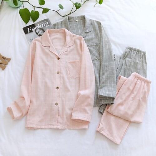 New Japanese four seasons couples long-sleeved cotton home service suits mens large size simple grid children spring and autumn