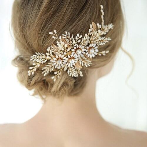 Charming Wedding Hair Accessories Gold Flower Leaf Bridal Hair Clip Comb Handmade Women Headpiece