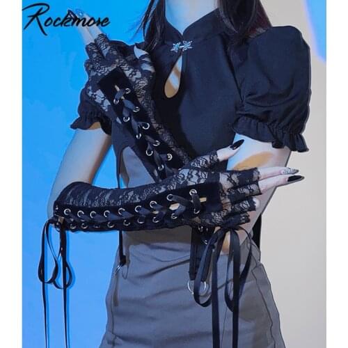 Rockmore Gothic Lace Arm Sleeve Women Punk Mesh Gloves Bandage Vintage Ties Up Half-Finger Stretch Gloves Cool Streetwear Black