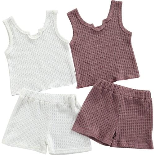 New 2 Pcs Infant Casual Outfits, Baby Waffle Pattern U-shaped Neck Tank Top + Shorts