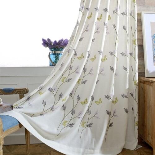 Simple Pastoral Modern Garden American Country Cotton Linen Slub Butterfly Flower Embroidery Curtains for Living Room Bedroom