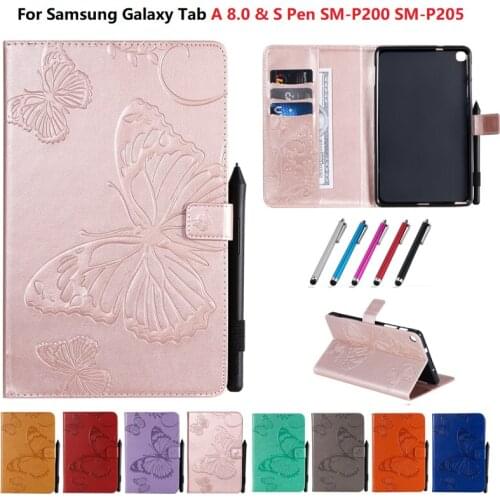 Emboss Butterfly Smart Tablet Cover For Samsung Galaxy Tab A 8.0 inch (2019) & S Pen Case SM-P200 SM-P205 Wallet Card Slot Etui
