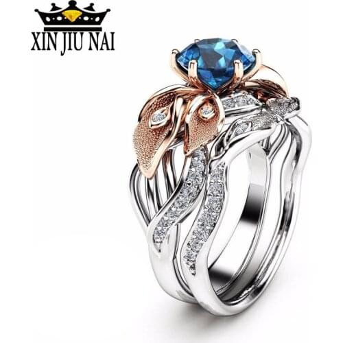 Trendy Ladies Leaves Engagement Rings Set Blue Zircon Anniversary Wedding Ring For Women Party Jewelry