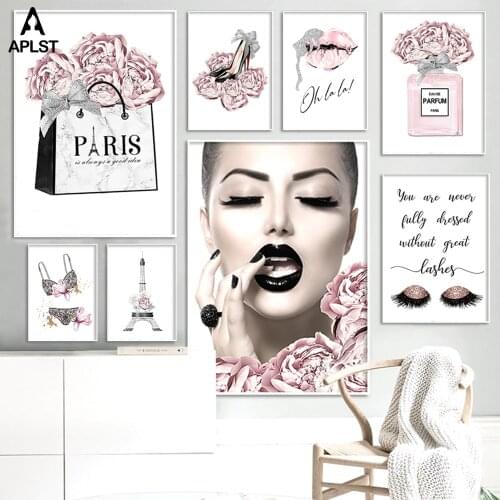 Woman Fashion Makeup Eyelashes Flower Perfume Bra Canvas Prints Sexy Lady Lip Wall Art Poster High Heels Painting Picture Decor