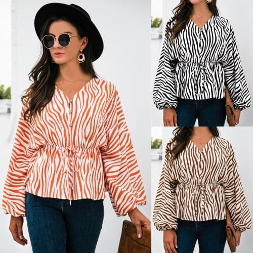 Womens Clothing 2021 Casual Blouses Spring Autumn Zebra Print Frawstring Button Long Sleeve Shirts Woman Blusas Femme Y2k Tops