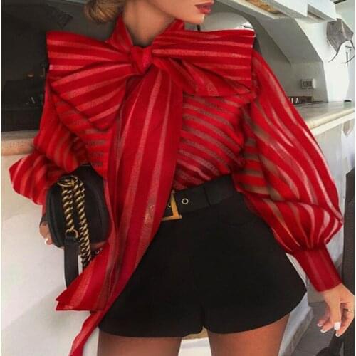 Women Autumn Blouse, Stripes Sheer Bow Tie Neck Long-Sleeves Formfitting Shirt for Office Ladies fall 2021 womens fashion
