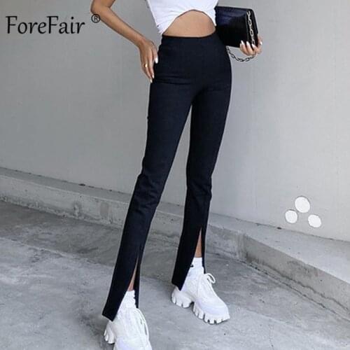 Forefair Split Zipper Women Long Pant Black Khaki Slim-fit 2020 Stretchy High Waist Streetwear Simple Autumn Winter Pencil Pants
