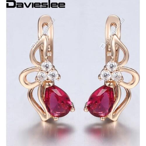 Davieslee Pink Stone Stud Earrings For Women Flower Shaped Rose Gold Filled Iced Out Paved Rhinestones Fashion Jewelry LGE160