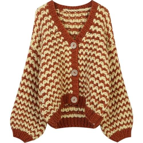 2021 New Striped Cardigan Sweater Women Lantern Sleeve Casual Loose Jumper Autumn Winter V Neck Knitted Oversized Coat Ladies