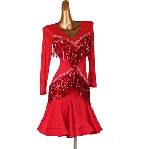 Elegant Sexy Unequal Women Girls Sequin Fringe Tassel Skirt Ladies Latin Tango Ballroom Salsa Dance Dress