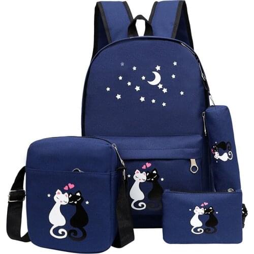 4pcs/set Women Backpack Cat Printing Canvas School Bags For Teenager Girls Preppy Style Rucksack Kids Book Bag Mochila Feminina