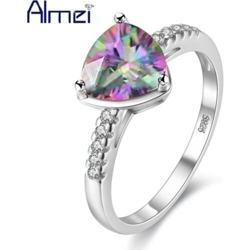Almei 15%Off Wedding Triangle Rings For Women Gift Vintage Jewellery Silver Rainbow Crystal Anel Feminino Pink Female Ring Y3555