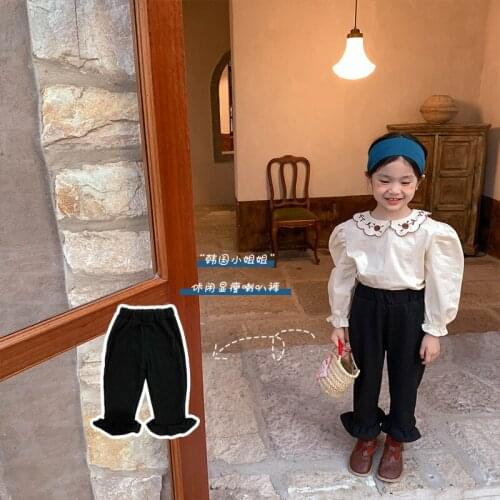 Girls' Pants 2021 Autumn New Childrens Korean Solid Color Knitted Elastic Flared Pants Cute Princess Ankle-length Pants