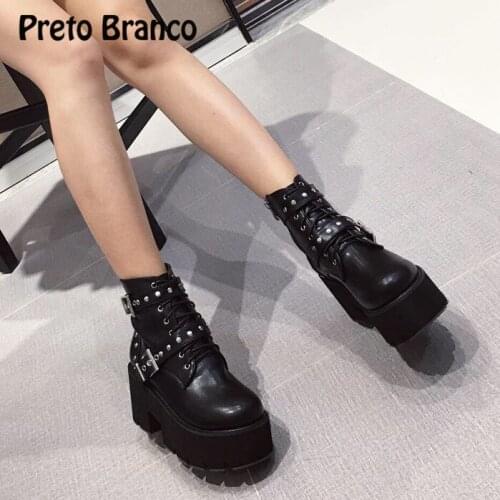 PRETO BRANCO 8cm Heels Autumn Bottom Thick Round Ankle Boots Wedge Platfrom Boot Heel High Heel Boots Womens Boots Shoes JXQ