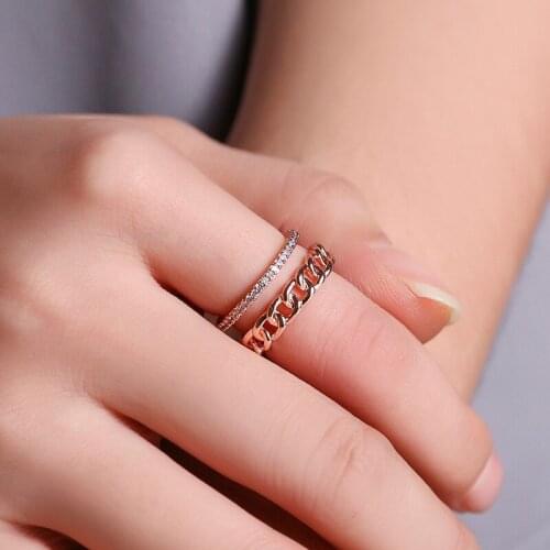 Double-Layer Rhinestone Index Finger Metallic Silver Plated Rose Gold Geometry Copper Chain Index Finger Open Rings for Women