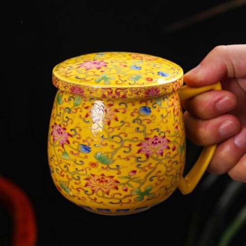 400/500ML Chinese Style Hand Painted Vintage Pattern Ceramic Mug with Lid Filter Kit Tea Coffee Milk Hand Grip Cups Drinkware
