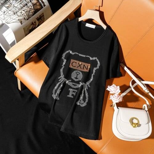 Hiawatha Fashion Hot Drilling Black Tops Women/Men Summer Short Sleeve Large Size T-Shirt TX111