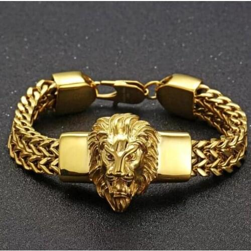 Fashion Domineering Personality Stainless Steel Gold Lion King Charm Bracelet Mens Rock Punk Wristband Jewelry Gift