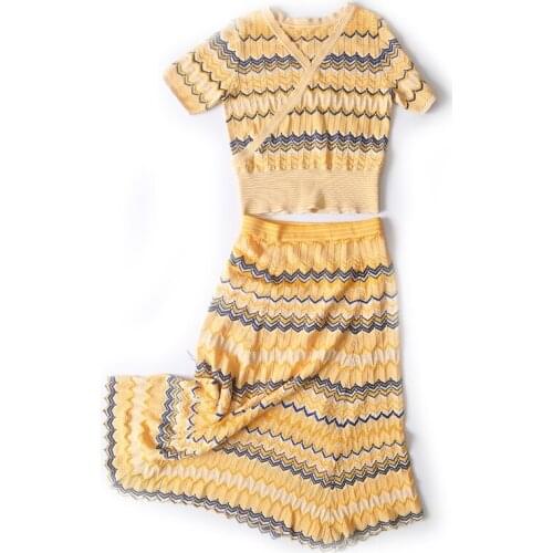 Fashion Two Piece Set Women Autumn Striped Knitted Short Sleeve V-Neck Top Sweater Slim Casual Long Skirt Suit 2PCS Twinset