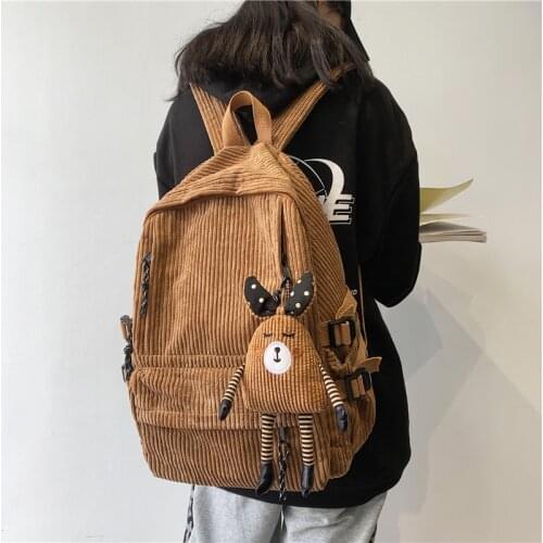 Fashion Women Corduroy Backpack Pure Color Stripe Harajuku School Bag Teenage Luxury Girl Backpack Female Cute Bagkpack Mochila