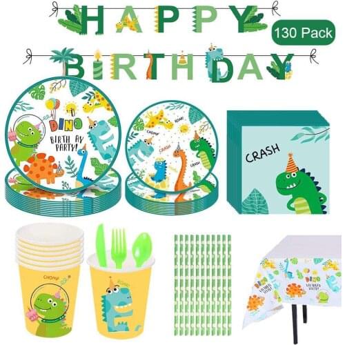 130Pcs Dinosaur Disposable Tableware Theme Party Set Paper Plate/Cup/Napkin For Baby Shower Gifts Kids Birthday Party Decor