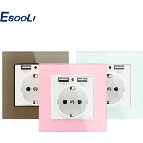 Esooli Green Pink Colorful Crystal Glass Panel Dual USB Charging Port 2.1A 16A Russia Spain Wall Socket EU Power Outlet