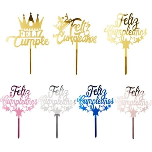 New Spanish Feliz Cumpleanos Cake Topper Gold Acrylic Happy Birthday Cupcake Topper for Birthday Party Cake Dessert Decorations