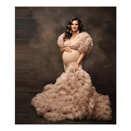 Extra Puffy Mermaid Maternity Gown Short Sleeves Custom Made Any Color V Neck Ruffles Pleated Plus Size With Train Photo Shoot