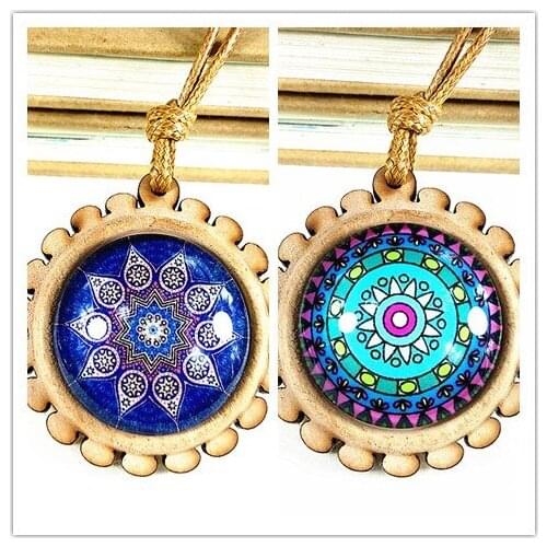 2pcs/lot Couples Necklace Mandala Flower Vintage Wood pandent Buddhist cultural products for men women party gift