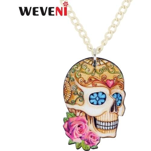 WEVENI Acrylic Halloween Skeleton Skull Necklace Pendant Chain Collar Choker Trendy Jewelry Charms For Women Girls Wholesale