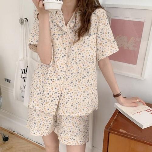New floral print 100% cotton pajamas set women sleepwear 2 piece set summer homewear shorts suit single breasted shirts Y633