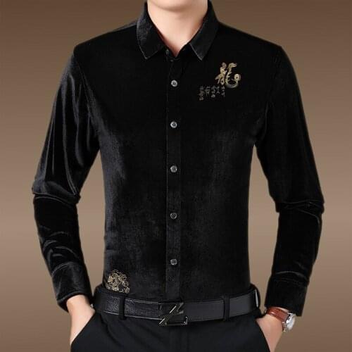 Chinese characters printing fashion casual boutique long sleeve shirt Autumn 2018 New quality gold velvet luxury shirt men M-3XL