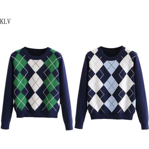 Women Preppy Style Long Sleeve Sweater Contrast Color Argyle Plaid Knitted Pullover Tops Vintage Crew Neck Loose Jumper