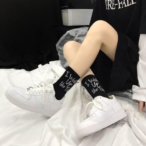 Street Fashion Cotton Adult Short Middle Calf Crew Golf Socks Hipster Humor Words English Neon Green Control I Woke Up Like This