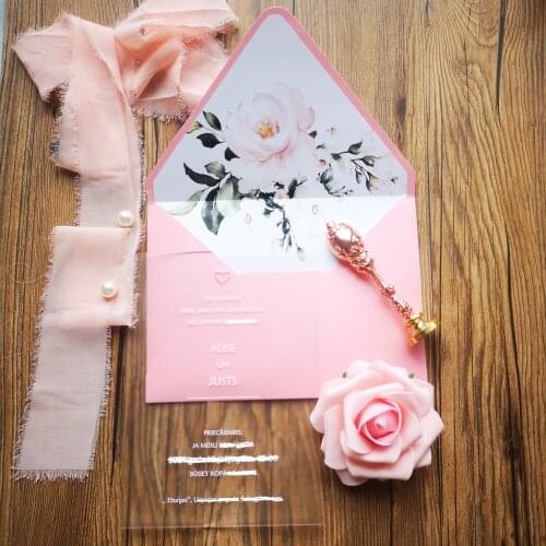 Frosted acrylic with laser cutting heart wedding Invitations, birthday, menu card with flap pocket envelope fle