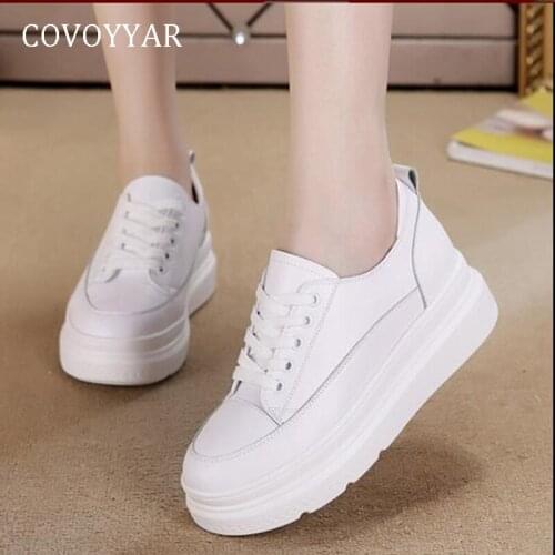COVOYYAR 2019 Platform Women Shoes White Casual Shoes Hidden Wedge Woman Sneakers Lace Up Leather Summer Lady Shoes WSN239