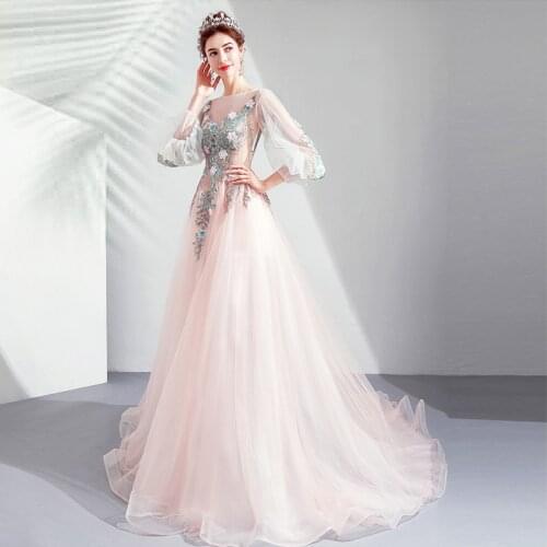 Robe De Soirée De Mariage Prom Dress With 3D Flowers Appliques Beading Three Quarter Sleeve Formal Party Prom Gowns