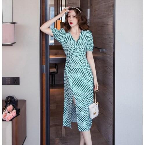 Dress Women 2021 Summer New V-neck Puff Sleeves Split Dress Female Print Dots Green Chiffon Knee-length Midi Long Dress Femme