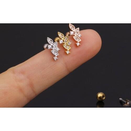 1 PCS Cute Simple Small Zircon Leaf Shape Ear Cartilage Piercing Stud Earring Gold Color Stainless Steel Bar Ball Helix Earring