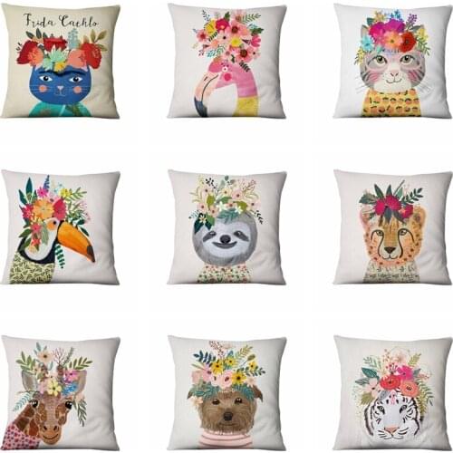 Lovely Animal In Flower Cartoon Thin Linen Pillowcase Home Decoration Pillow Almofadas Decorativas Para Sofa Throw Pillow 45*45