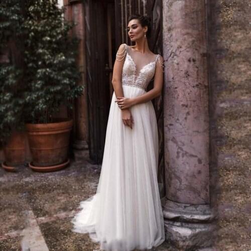 Eightale Boho Wedding Dresses O-Neck Appliques Lace Vintage Wedding Gown A-Line Beaded Rhinestones Bride Dress suknia slubna